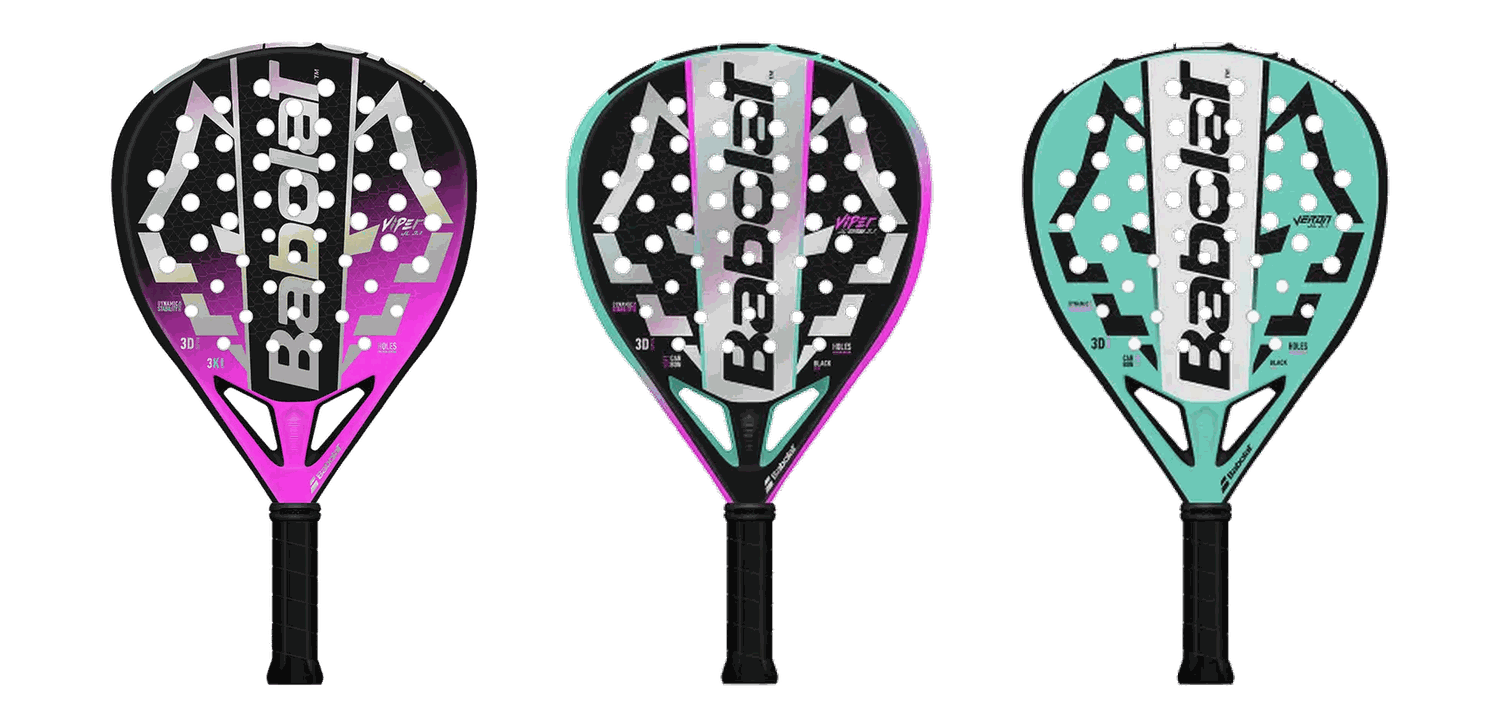 Las tres palas de la colección Juan Lebrón 3.1: la Viper en negro con degradado a rosa, la Viper Soft en negro con cantos menta y rosa, y la Veron en verde menta