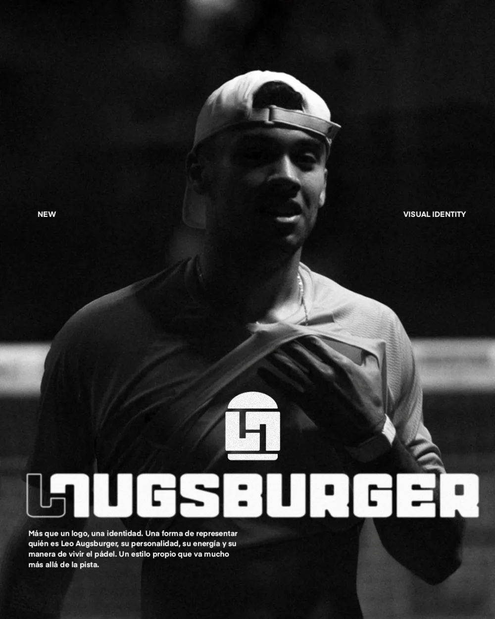 Cartel de presentación de la nueva identidad visual de Leo Augsburger: foto en blanco y negro del jugador, el logo de la hamburguesa con las iniciales LA y debajo el nombre Laugsburger