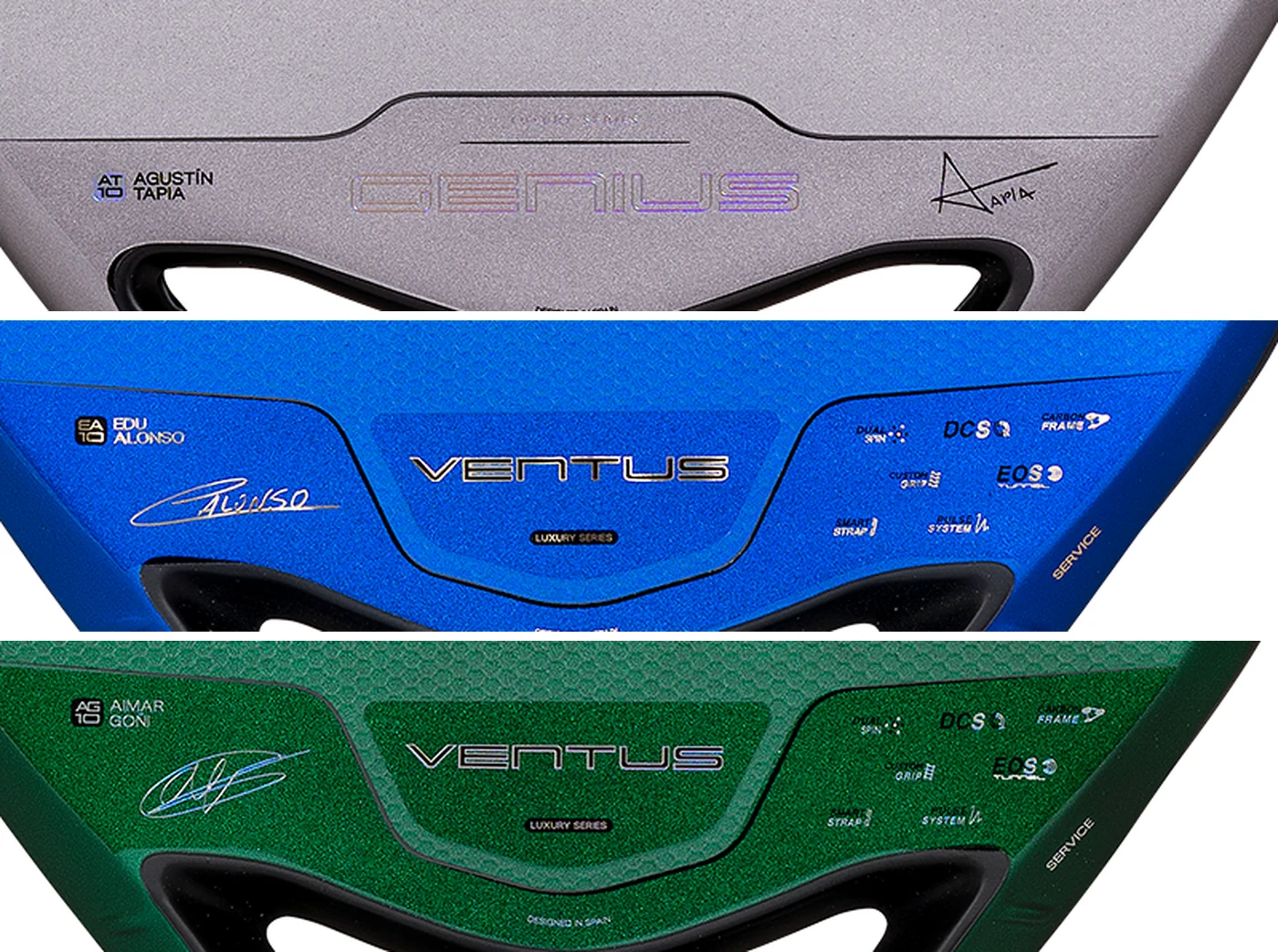 Detalle del corazón de tres palas Nox 2027: la Genius gris con el monograma AT10 Agustín Tapia, la Ventus azul con EA10 Edu Alonso y la Ventus verde con AG10 Aimar Goñi, las tres con la firma del jugador