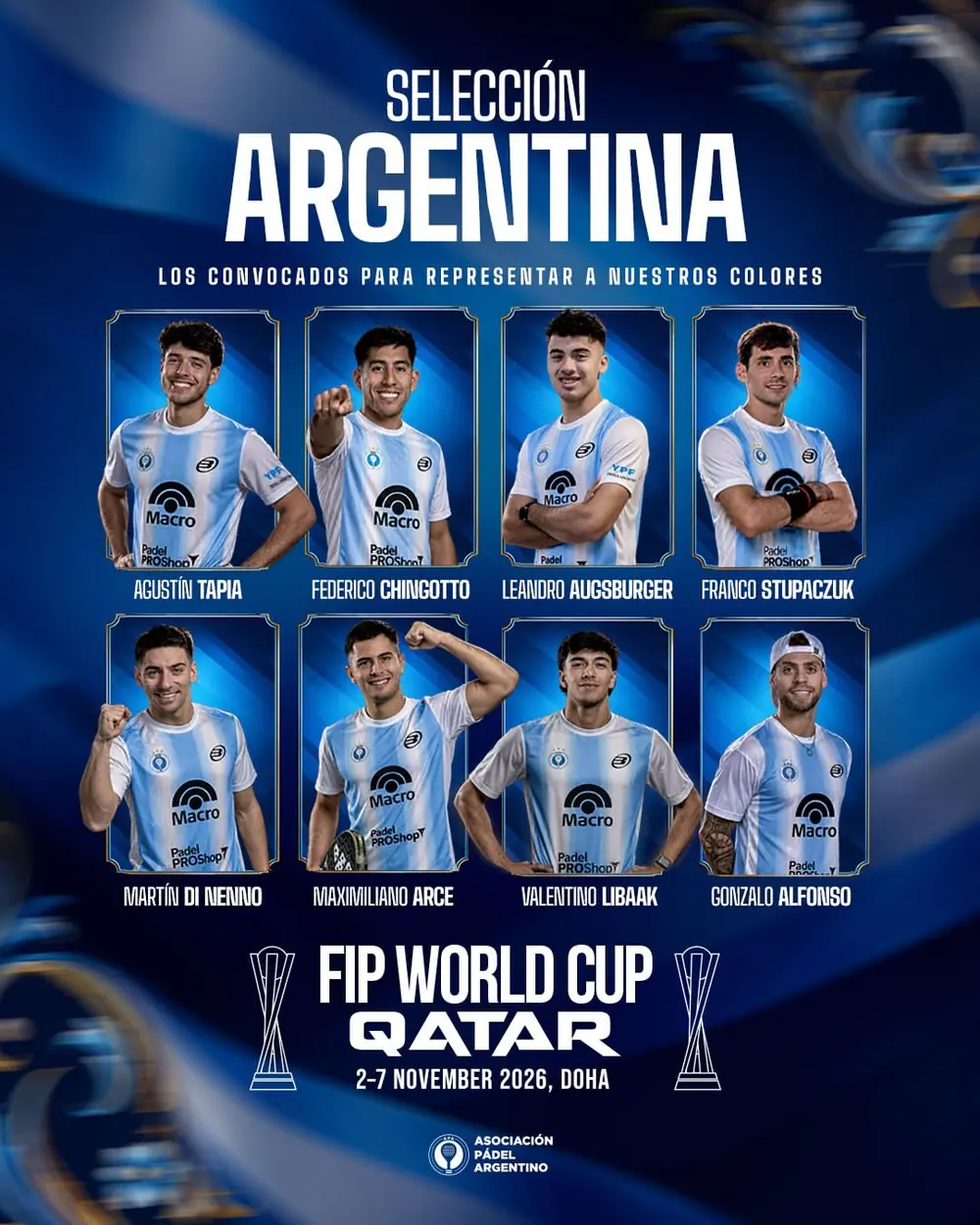 Cartel oficial de la Asociación Pádel Argentino con los ocho convocados de la selección argentina masculina para el Mundial de pádel 2026: Agustín Tapia, Federico Chingotto, Leandro Augsburger, Franco Stupaczuk, Martín Di Nenno, Maximiliano Arce, Valentino Libaak y Gonzalo Alfonso