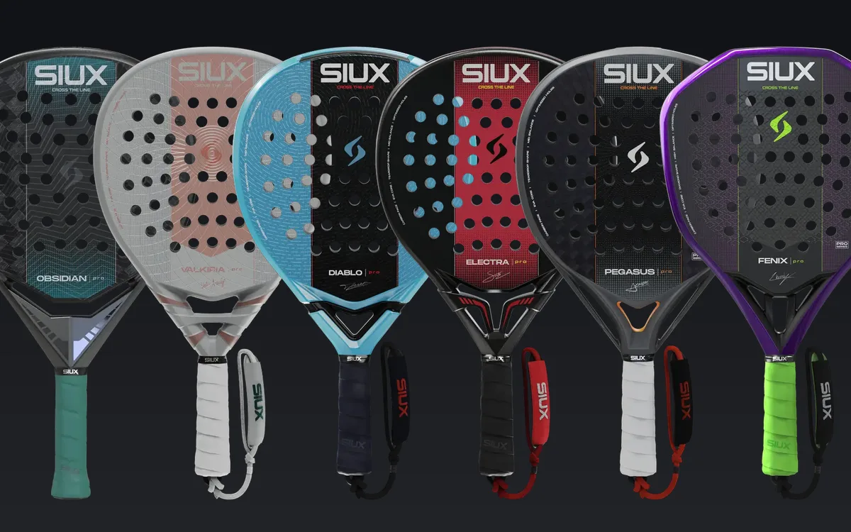 Las seis palas Pro de la colección Siux 2027 en fila: Obsidian, Valkiria, Diablo, Electra, Pegasus y Fénix
