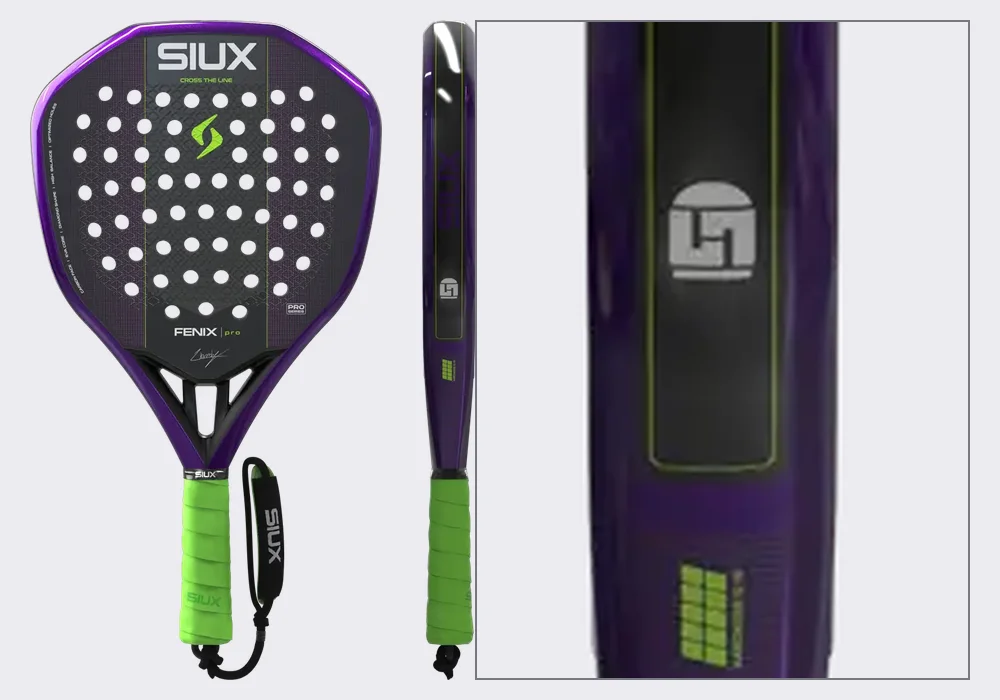 La Siux Fénix Pro Purple 2027 de frente y de canto, y el detalle del marco con el sello de Leo Augsburger: una hamburguesa con las iniciales LA dentro