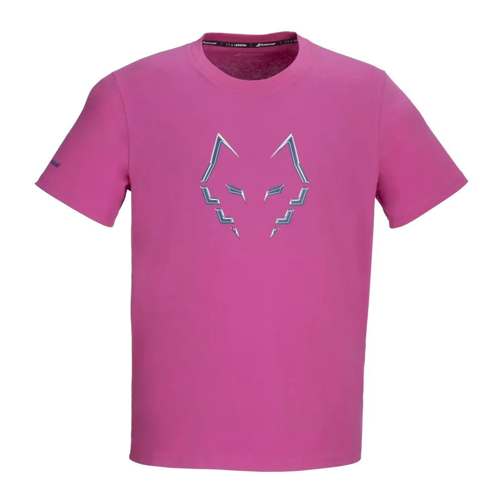 Camiseta de algodón Babolat de Juan Lebrón 2027, frambuesa con el lobo de Lebrón en el pecho