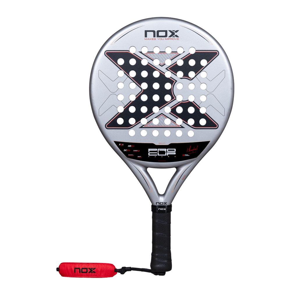 Pala Nox ML10 Pro Cup Rough by Miguel Lamperti 2027, redonda y cara blanca con la X en gris azulado, vista de frente sobre fondo transparente