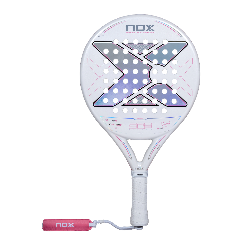Pala Nox ML10 Pro Cup Silver by Miguel Lamperti 2027, redonda y cara blanca con la X tornasolada y detalles rosas, vista de frente sobre fondo transparente