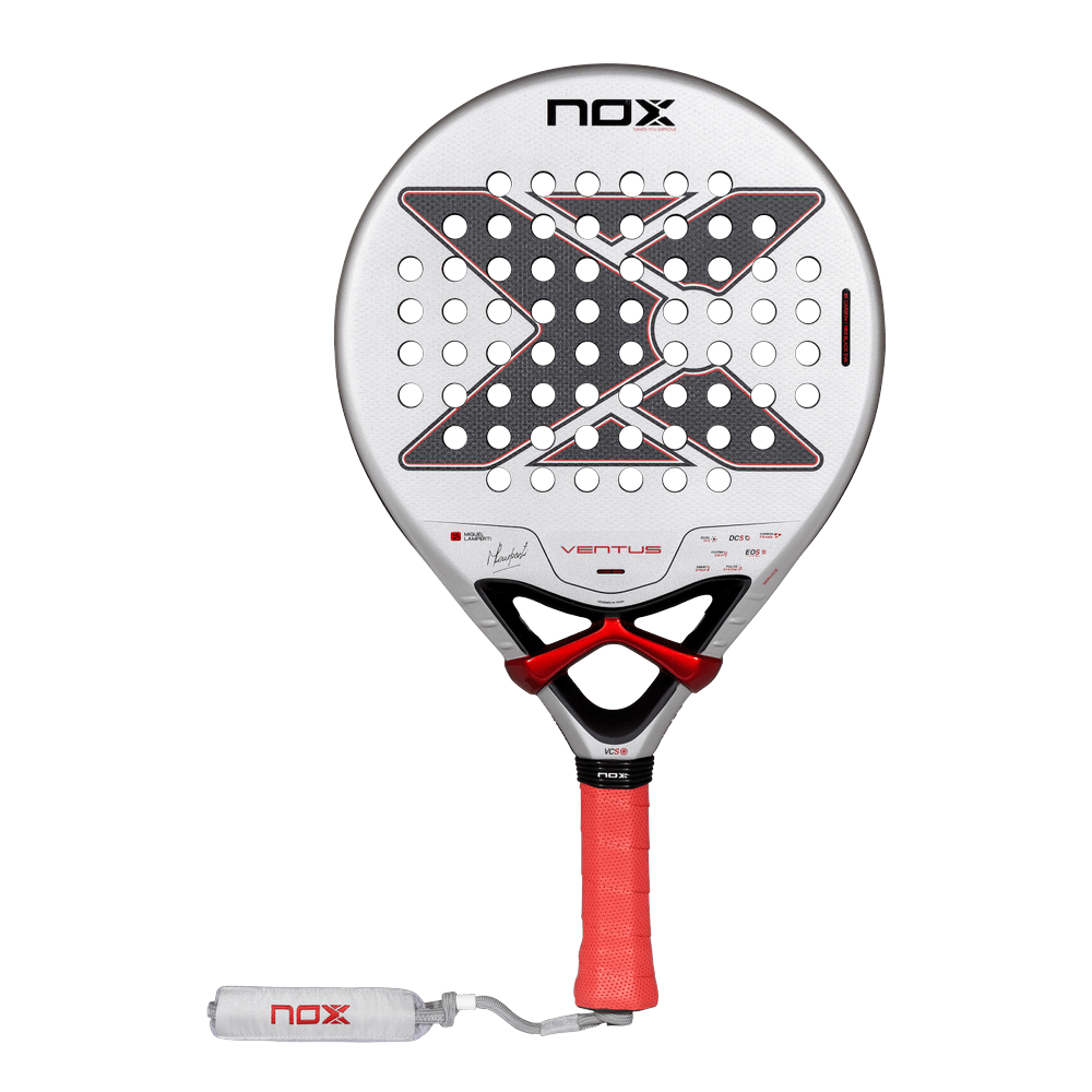 Pala Nox Ventus Control 3K by Miguel Lamperti 2027, redonda y cara blanca con detalles rojos, vista de frente sobre fondo transparente