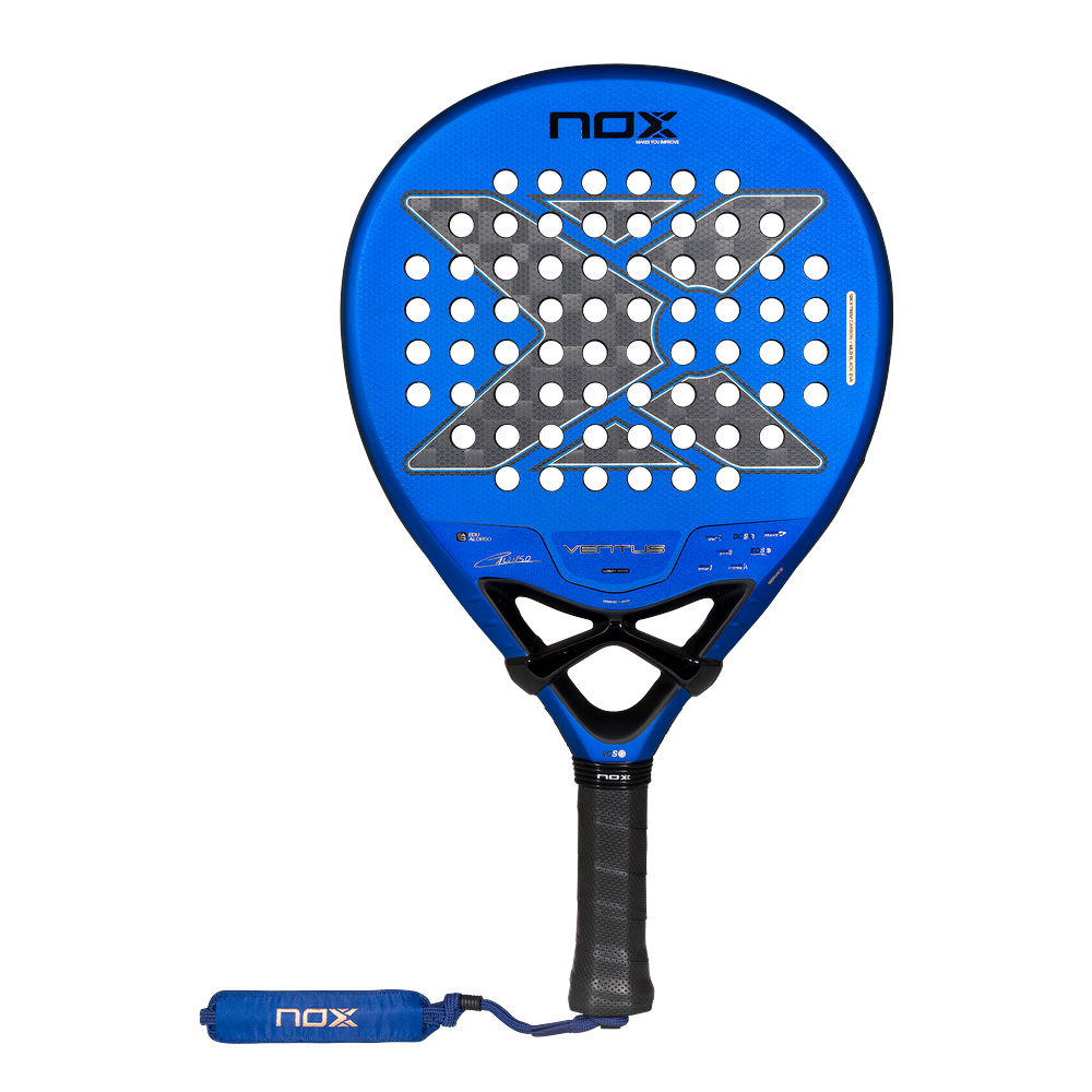 Pala Nox Ventus Hybrid 12K Xtrem by Edu Alonso 2027, de lágrima y cara azul, vista de frente sobre fondo transparente