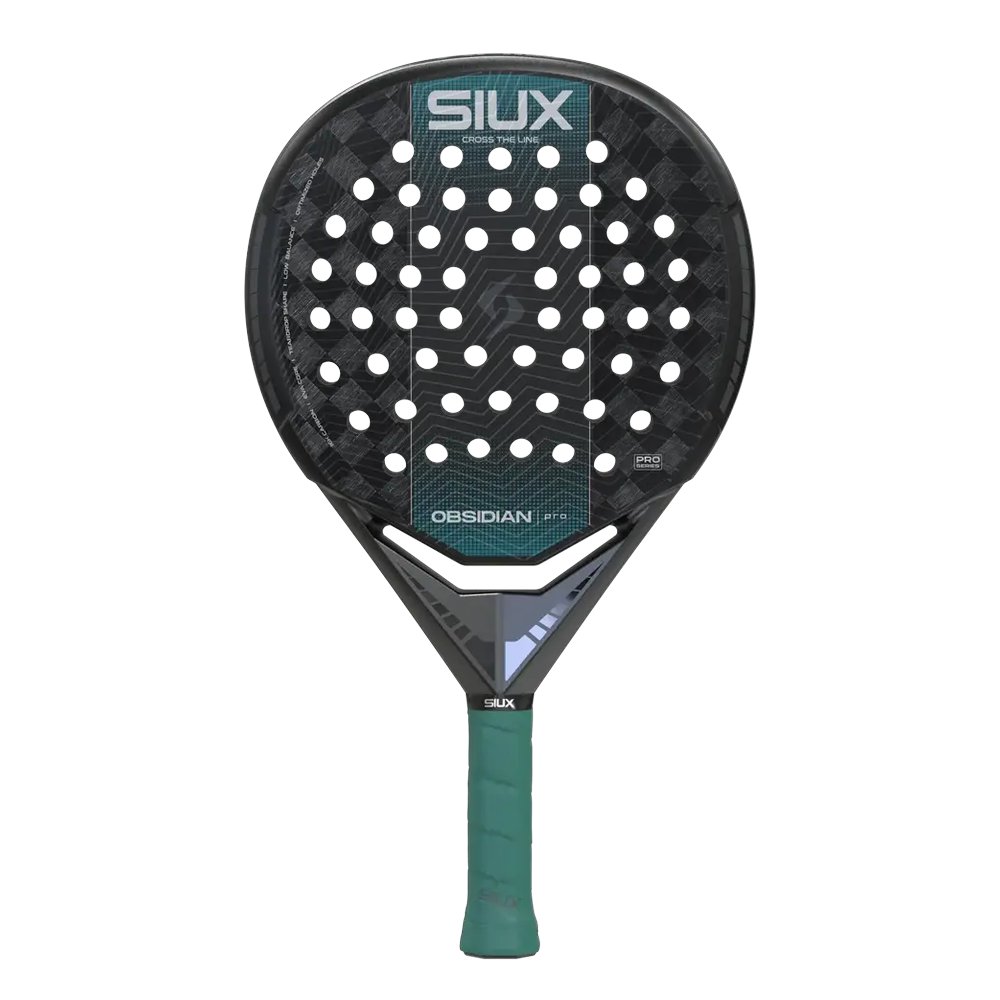 La pala Siux Obsidian Pro Black 2027, negra con detalles verdes y el puño verde agua